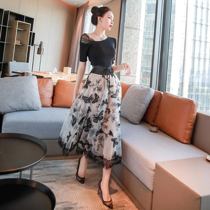 Elegant Chic Women's Two Piece Set For Summer 2026 Knit Crop Top And Mesh Midi Skirt Outfit Stylish Casual Party Wear