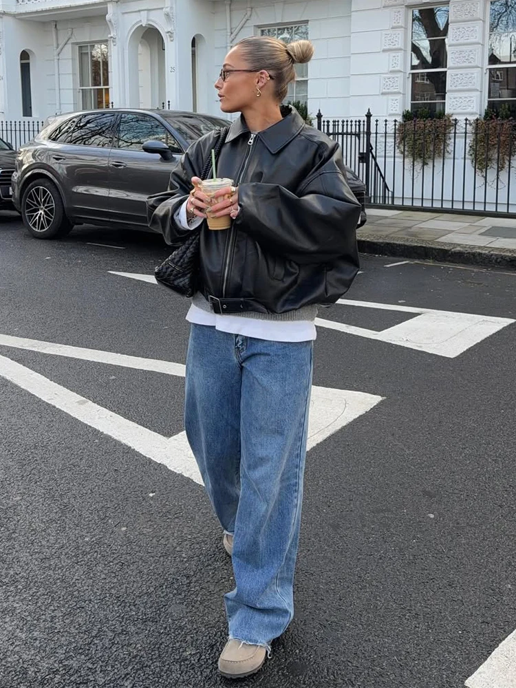 Retro Black Glossy Leather Jacket Lady Casual Lapel Full Sleeve Zipper Pocket Loose Crop Coats 2026 Spring Office Casual Wear