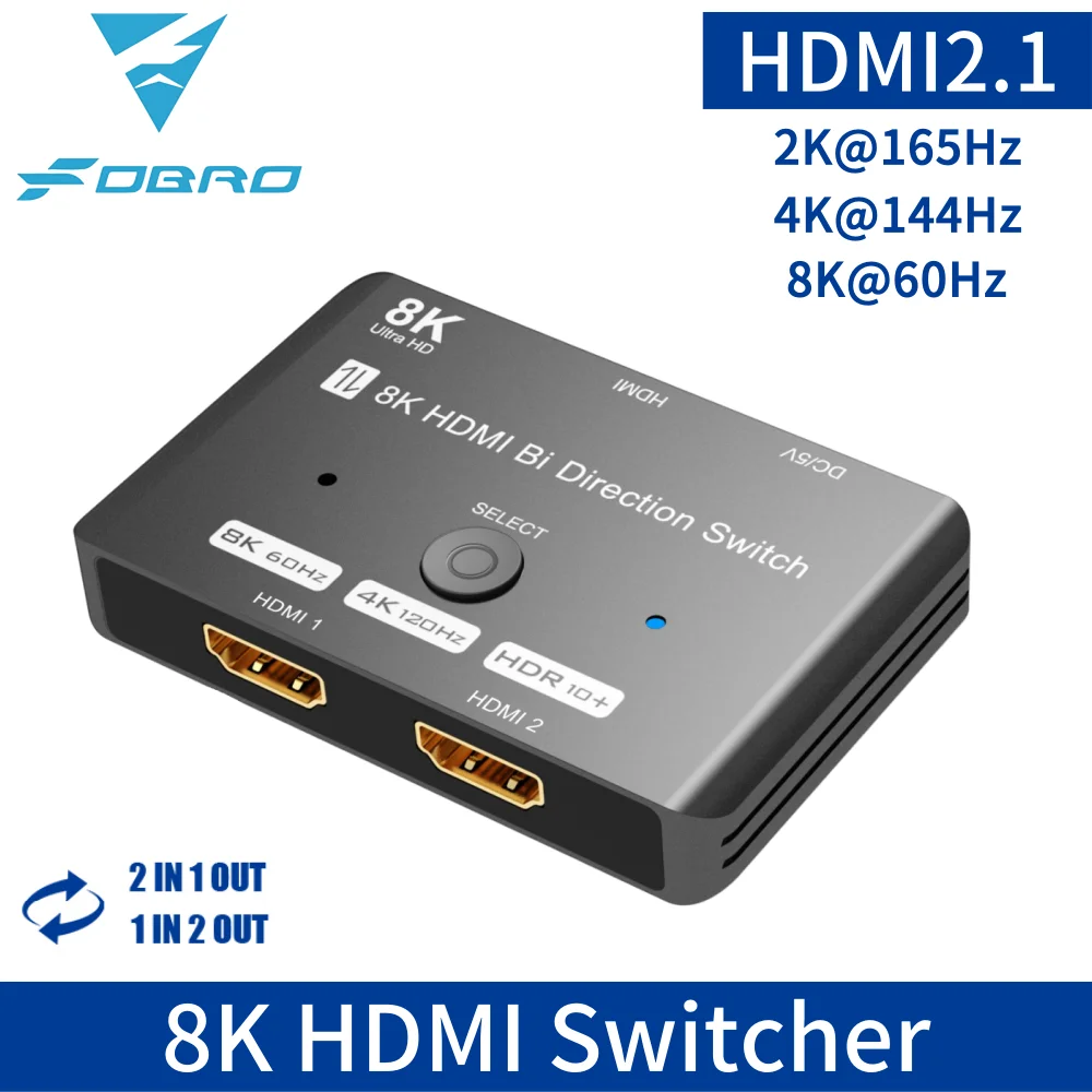 HDMI 2.1 Bi-Directional Switch 8K 60Hz 4K 120Hz HDMI Switcher 2 in 1 Out Converter Splitte For PC TV PS4 Xbox PS5 Projectors