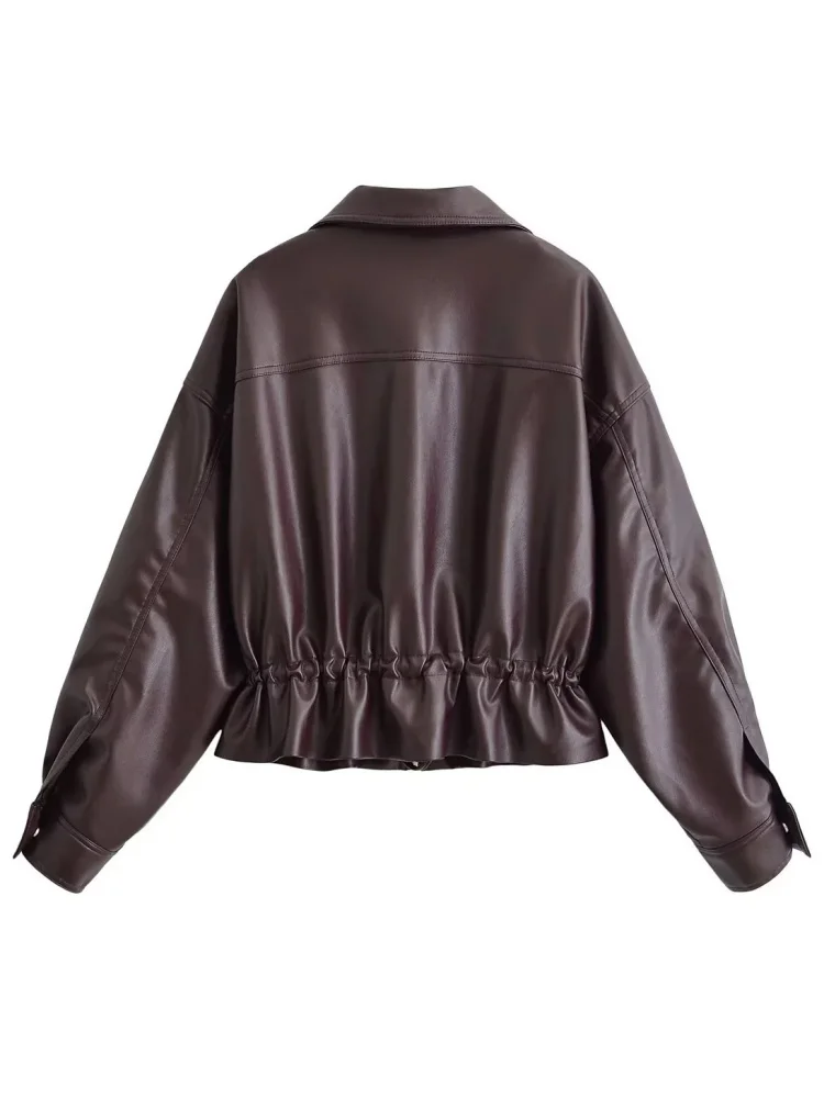 AACHOAE Women Faux Leather Jacket Drawstring Waist Zip Up Utility Short Coat Flap Pocket Casual Streetwear Autumn Outerwear