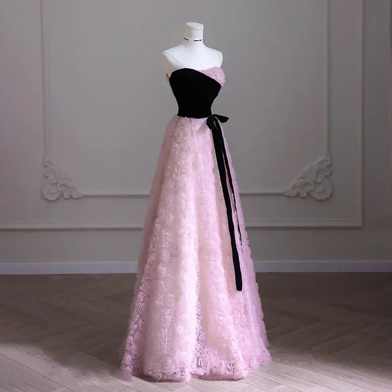 Abendkleid rosa Rose Tüll schwarzer Samt träger lose abnehmbare Ärmel a-Linie boden lang plus Größe Frauen Party formelle Kleider