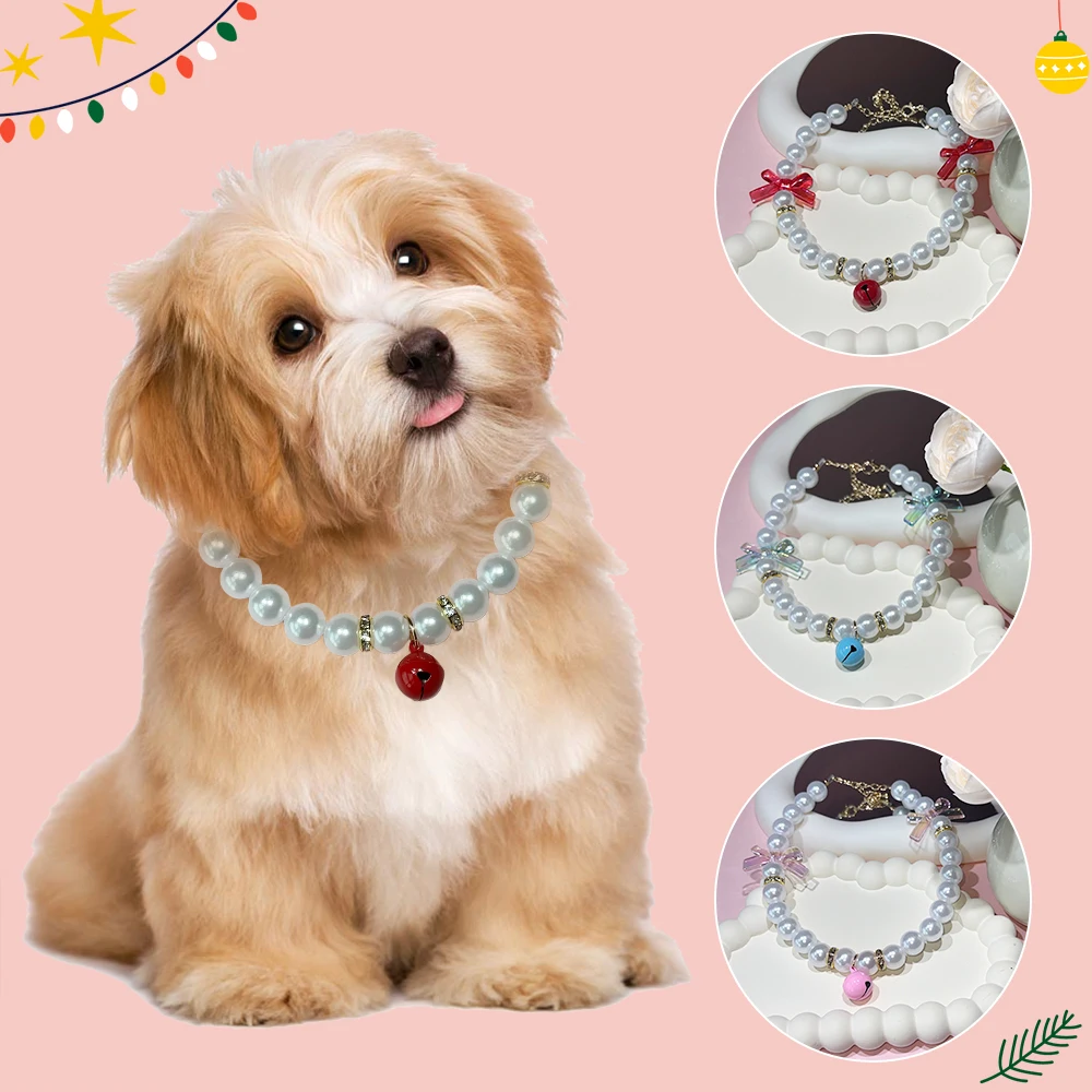 

Elegant Pearl Pet Necklace Collar for Cats & Dogs with Bell Bowknot Plastic Lightweight Small Dogs Adjustable 12mm Beaded