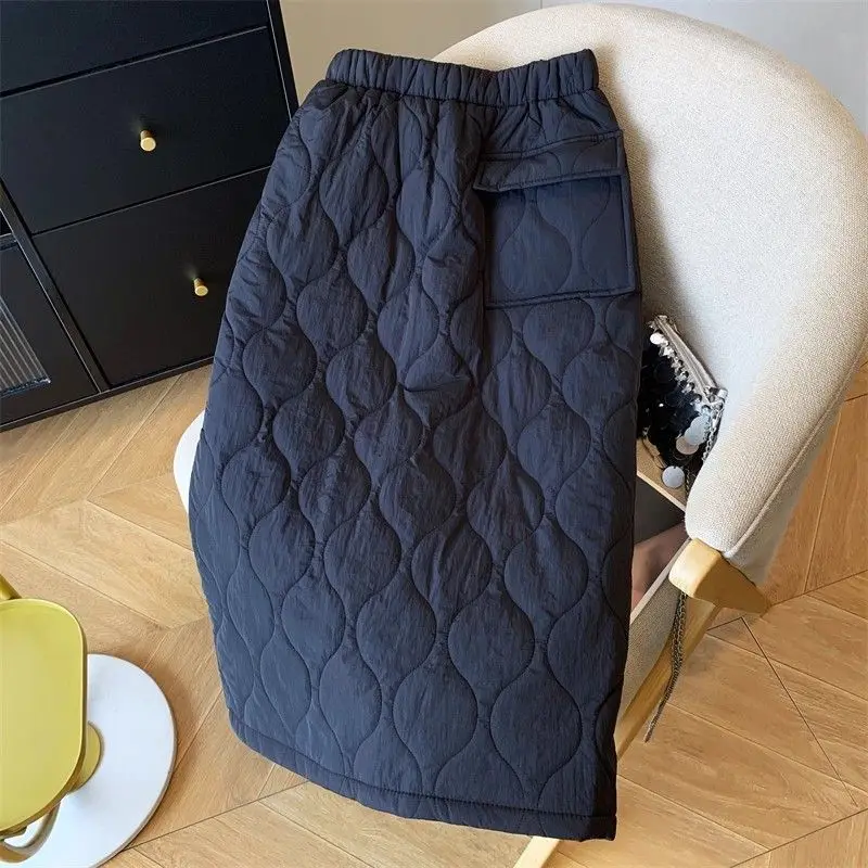 伸縮性ウエストのコットンスカート レディース 2025秋冬 厚手 中綿入り 保温 ストレート ロングスカート