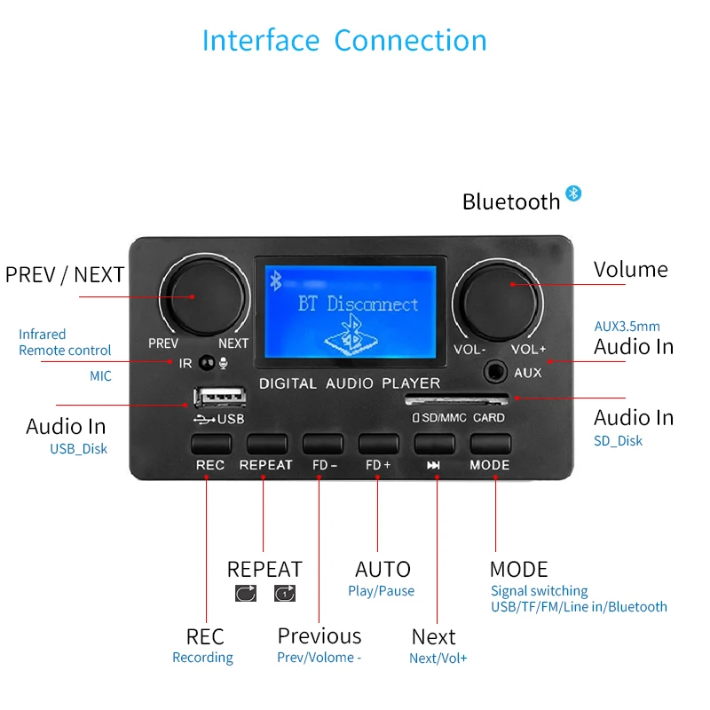 مشغل الصوت الرقمي LCD MP3 بلوتوث 5.0 لوحة فك التشفير دعم تسجيل الاتصال مع FM AUX USB SD BT لمكبر الصوت