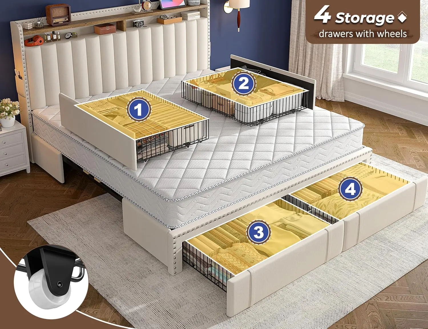 Kingsize-Bettgestell mit 4 Sch – King Size Bed Frame With Storage Drawers Bewertung und Preis