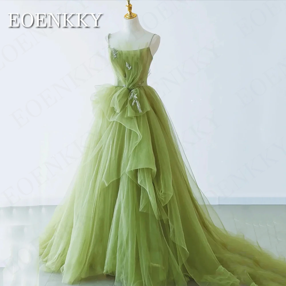 Spaghetti Straps Long Prom Dresses Elegant Tulle Beaded A Line Wedding Party Dress Green Sleeveless Women robe de soiree femmes