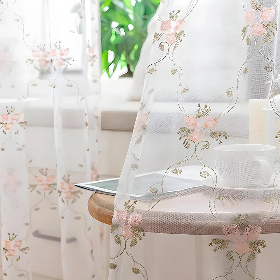 Pastoral Pink Flower Embroidery Sheer Curtains for Daughters Bedroom Vintage Floral Lace Drapes Window Treatment Decoration