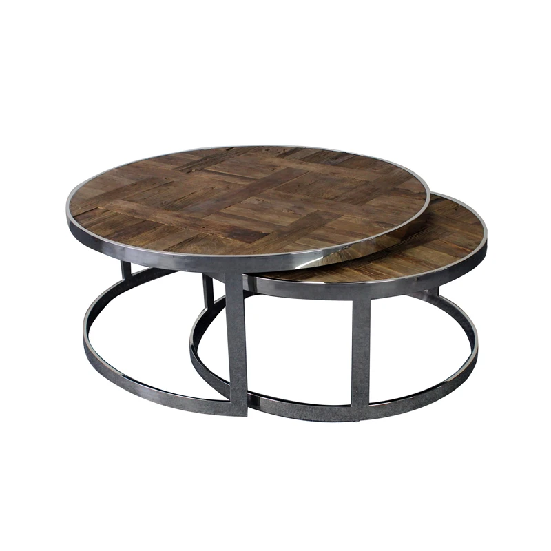 Parquet top stainless steel chrome reclaimed elm wood round nesting table nest of tables