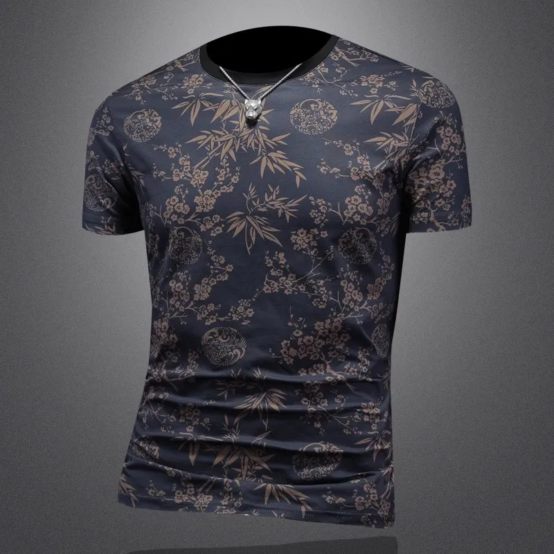 Summer Trendy Printed Short Sleeve T-Shirt Men's Dark Flower Slim Fit Half Sleeve Body T-Shirt Korean Style Personality Top