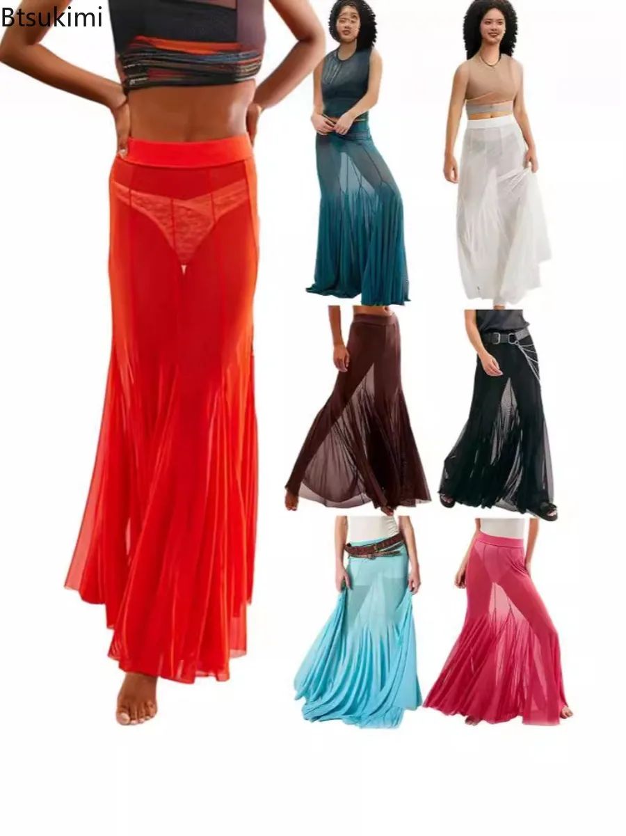 2025 New Fashionable Women’s Sexy Mesh Sheer Long Skirts Elastic High Waist Irregular Hem See-through Casual A-line Flowy Skirts