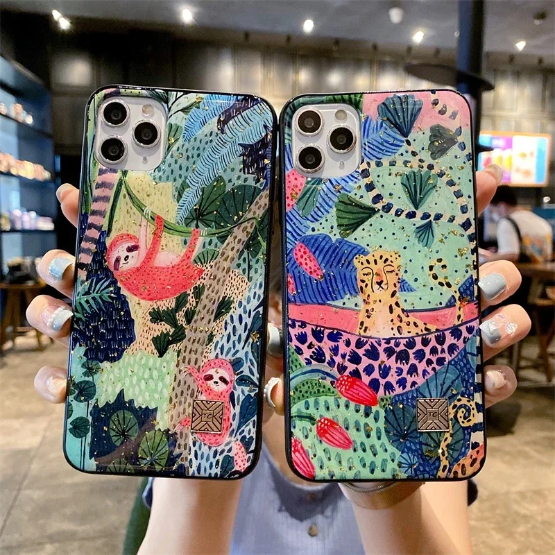 Glitter Gold Foil Silicone Phone Case For iPhone 16 15 14 13 12 11 Pro Max Plus Cute Painted Flower Zebra Leopard Dog Leaf Cover