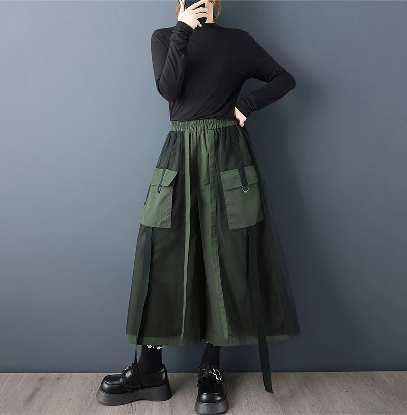 Patchwork Mesh Green Vintage High Waist Wide Leg Pants Women New Spring Autumn Casual Loose Trousers Fashion Streetwear 2026