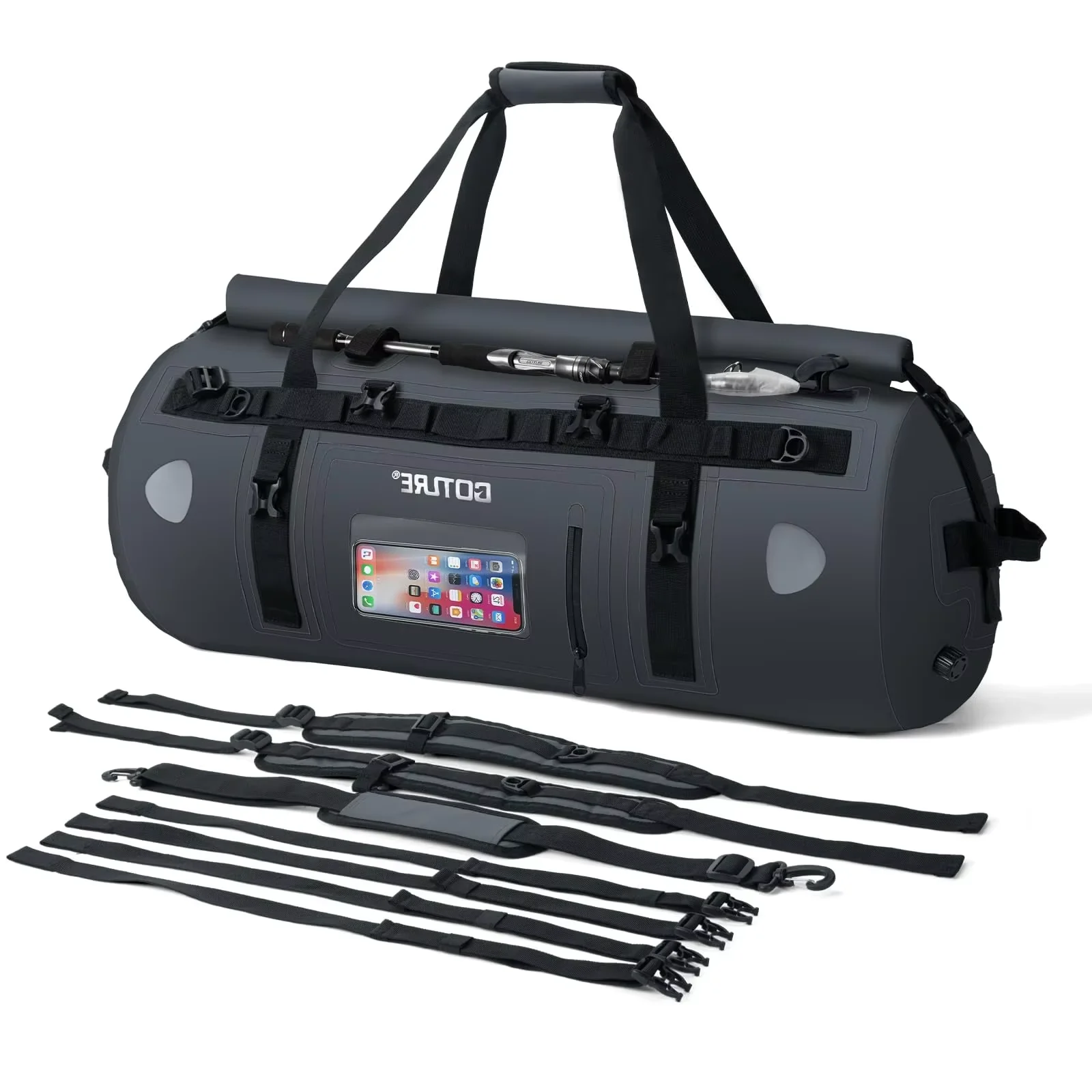 Motorcycle Tail Bag Waterproof Roll Top - バイク用防水バッグ。透明ポケット付き、ロールトップクロージャー、ロッドホルダー付き。ダッフルバッグ、ラゲッジバッグ、テールバッグ、サドルバッグとして使用可能。