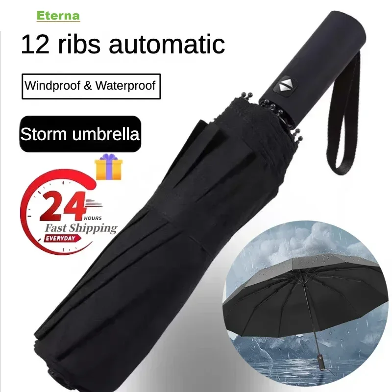 12 Ribs Stormproof Reinforced Automatic Folding Umbrella Waterproof Windproof Sun & Rain Large for Men