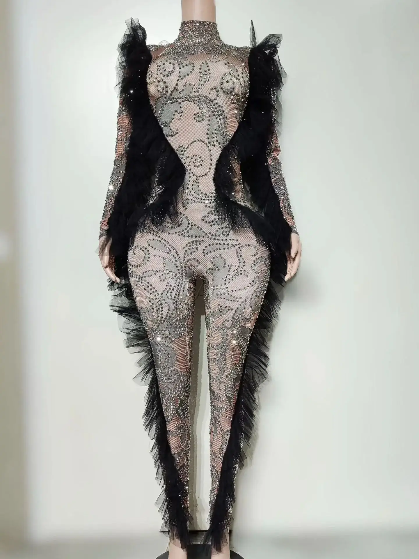 Tuta Aderente Nera con Maniche Lunghe e Cristalli per Donna 2026, Costume da Ballerina per Celebrità, Abito da Palcoscenico per Night Club