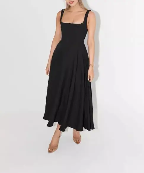 

Summer New Simple and Sexy Solid Color Slim Fit Long Dress for Women, Elegant Square Collar Waist Cinched A-Line Suspender Dress