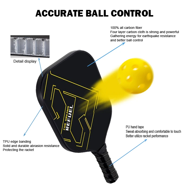 مضرب تنس احترافي من ألياف الكربون من نوع Pickleball، تصميم خفيف الوزن ومتفجر، مقبض مريح مضاد للانزلاق