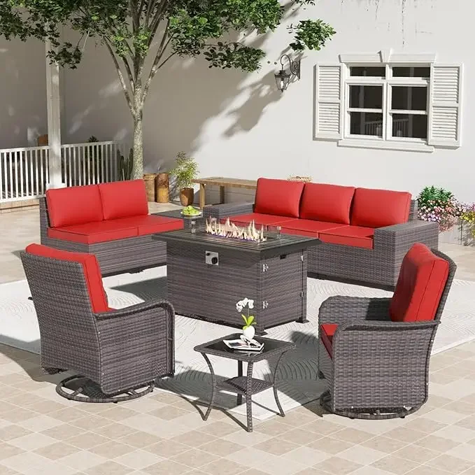 Gotland 10 Piece Outdoor Patio Furniture Set with 2 Swivel Rocking Chairs