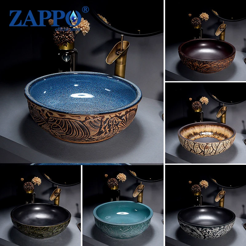 

ZAPPO Round Vessel Sink with Faucet Drain JinDezhen Ceramic Vessel Sinks Oval Bathroom Sink Bowl Above Counter with Mixer Tap