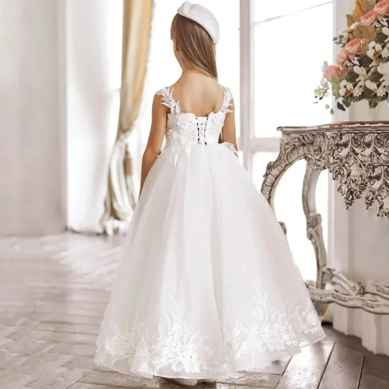 Белое платье цвета слоновой кости для девочек, пышное платье для свадьбы, кружевные аппликации, детские платья для дня рождения, первого причастия по индивидуальному заказу