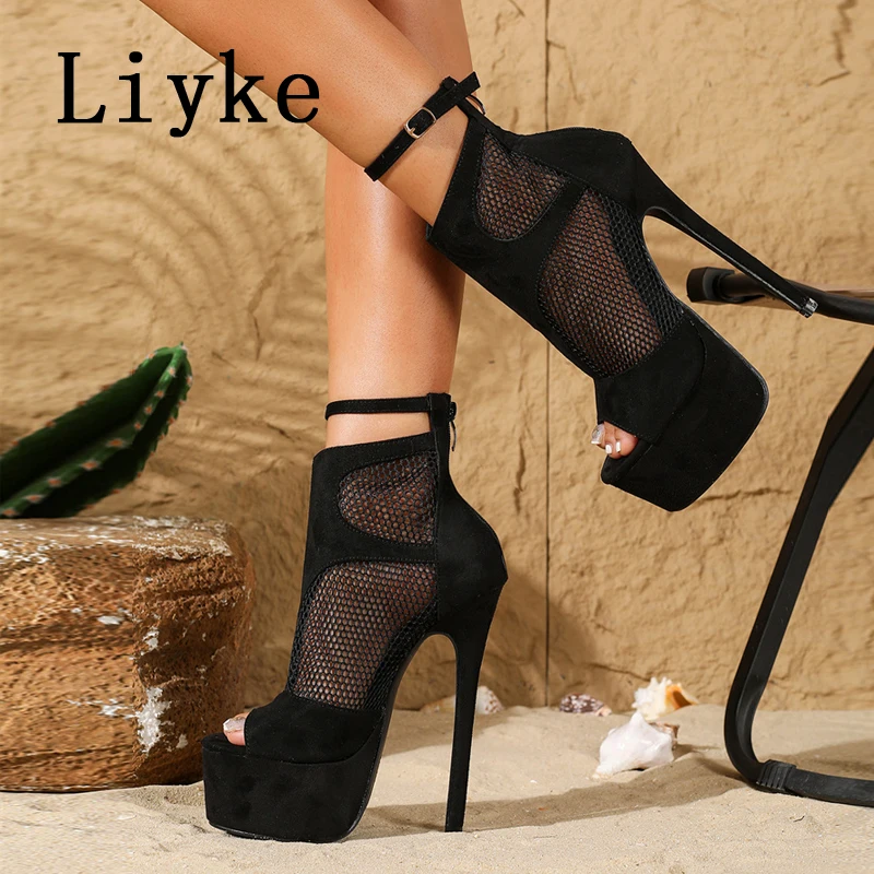 

Модные женские ботильоны Liyke с молнией и пряжкой, с вырезами, дышащие, сетчатые, с открытым носком, на платформе, на высоком каблуке, для подиума