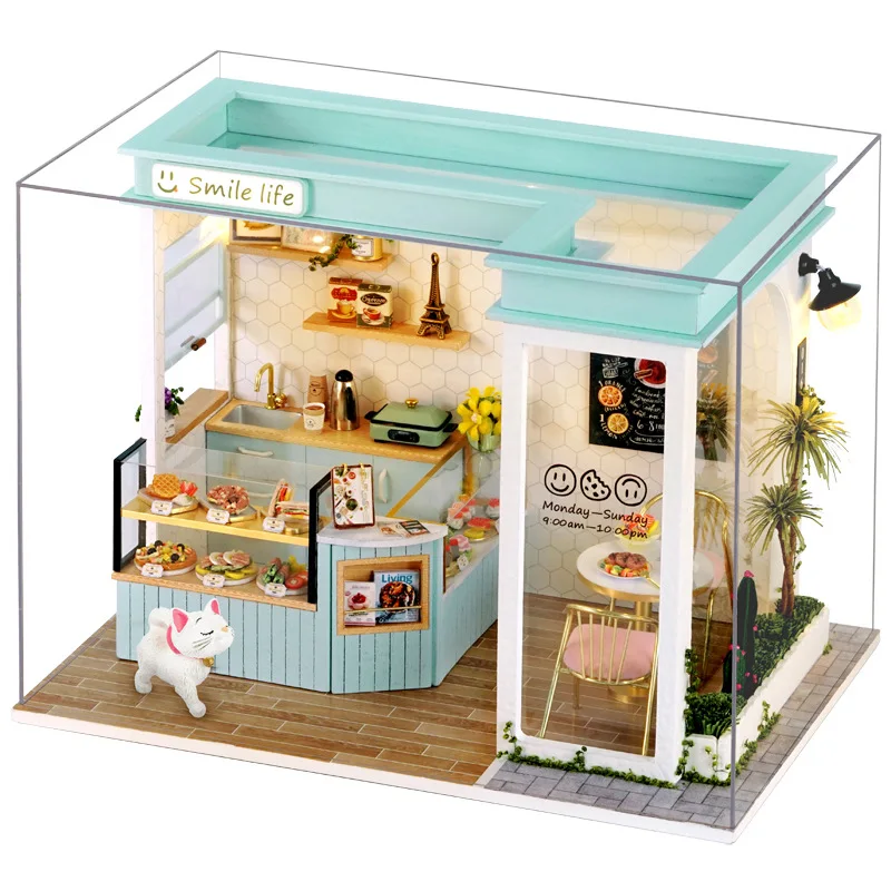 DIY Wooden Doll Houses Afternoon Tea Shop Dessert Casa Miniature Building Kits with Furniture Led Dollhouse for Adults Gifts