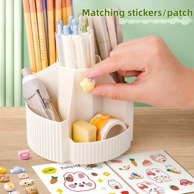 Rotatable Five Grid Pen Caddy Multifunctional Desktop Storage Box DIY Decorative Sticker Pen Holder For Kids Study Table Office
