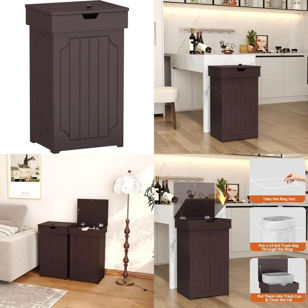 

Stylish 13 Gallon Kitchen Trash Can with Wooden Recycling Bin, Dog-Proof Freestanding Waste Container