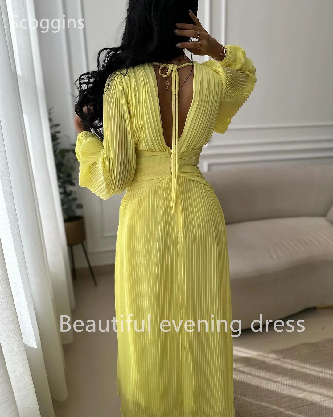 Scoggins A-Line V-Neck Zipper Up Floor-Length Long Sleeves Lining Evening Dresses Party Dresses Elegant Party Dresses For Women