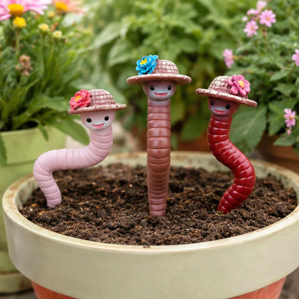 3Pcs Cute Resin Worm Garden Stakes Miniature Fairy Plant Markers Funny Insect Flower Pot Decor Gift for Plant Lover