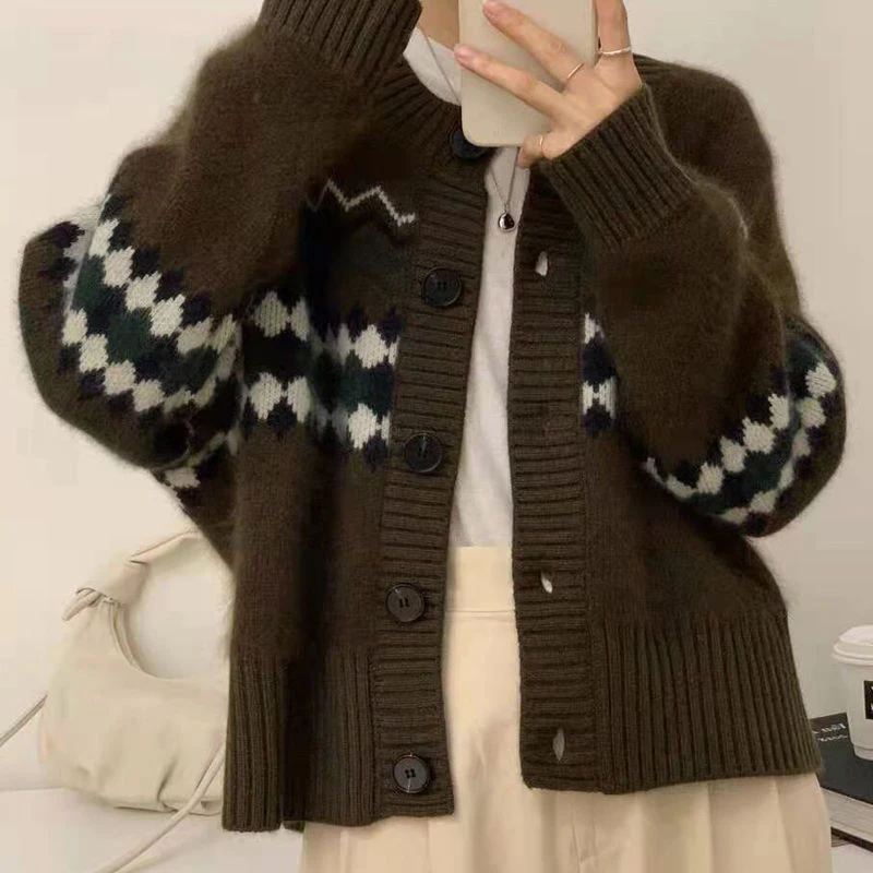 Rimocy 2023 Korean Cardigan Women Autumn Winter Long Sleeve Knitted Cardigans Woman Chic Button Up Printed Sweater Coat Female