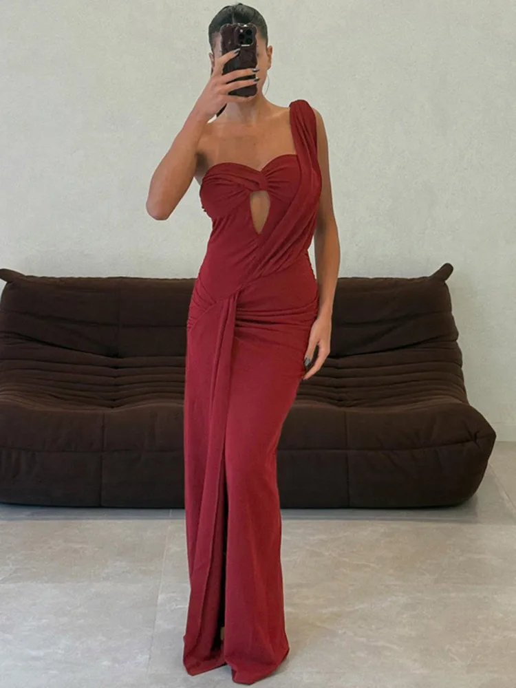 

Women Red Hollow Out Sleeveless Thigh High Split Ruched Club Party Long Dress One Shoulder Backless Sexy Maxi Dress