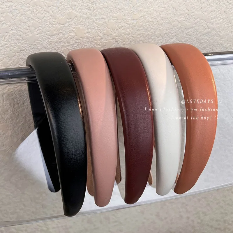 Retro Pu Cortex Wide Headbands for Woman Temperament Hair Bands Solid Color Sponge Hair Hoop Fashion Versatile Hair Accessories