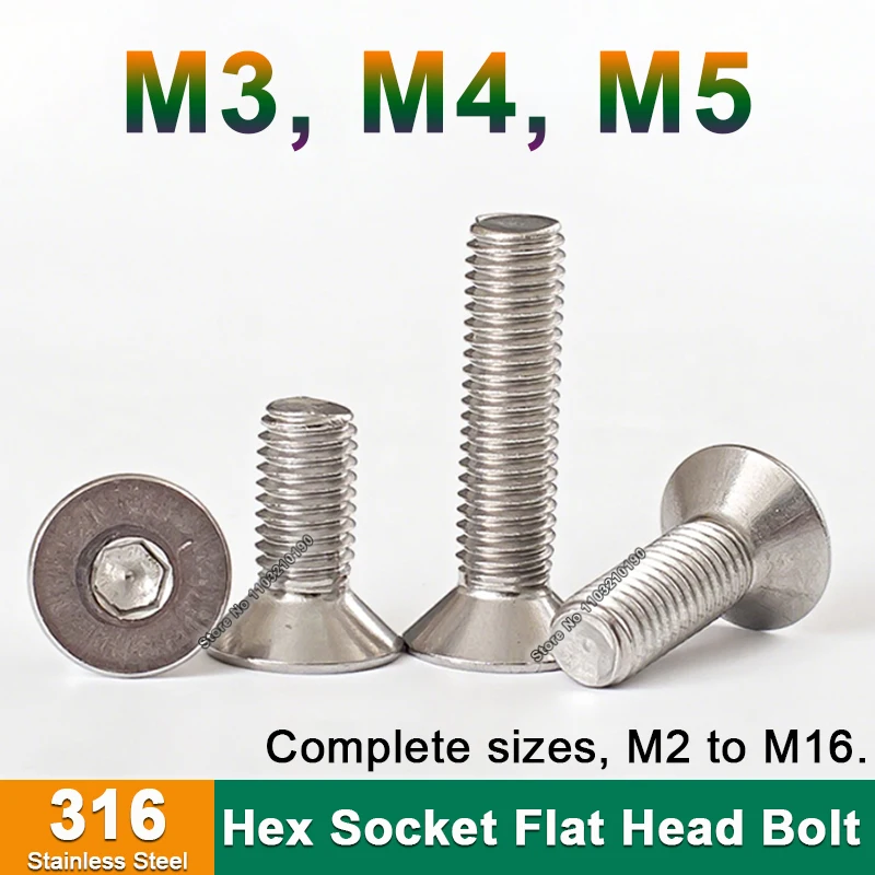 

20-100pc 316 Stainless Steel Allen Key Head Screw M3 M4 M5 to M16 Countersunk Flat Head Hexagon Hex Socket Bolt Furniture Screws