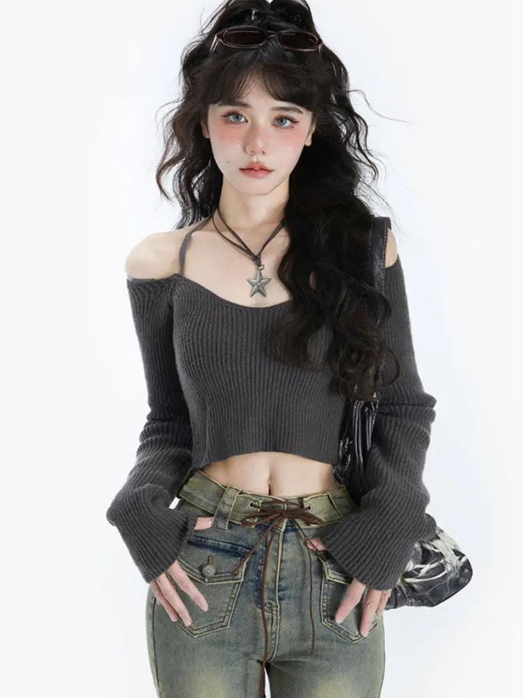 Y2K knitted Pullovers Women Korean Style Cropped Sweater Female Sexy Off Shoulder Long Sleeve Top Lady Harajuku V Neck Pullover