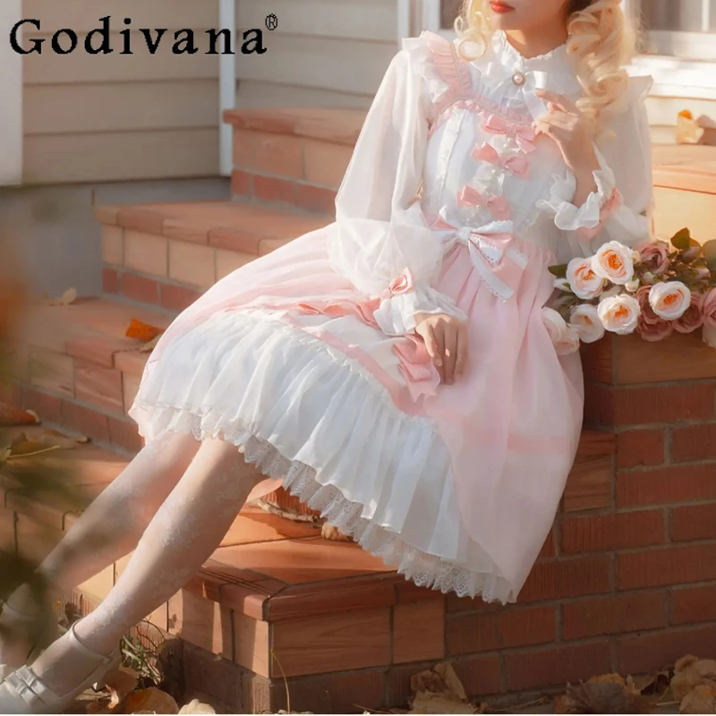 

Лолита L-4XL JSK Новое весеннее розовое платье на подтяжках в виде феи, милая рубашка с длинными рукавами и воротником-стойкой для девочек, комплекты из двух предметов