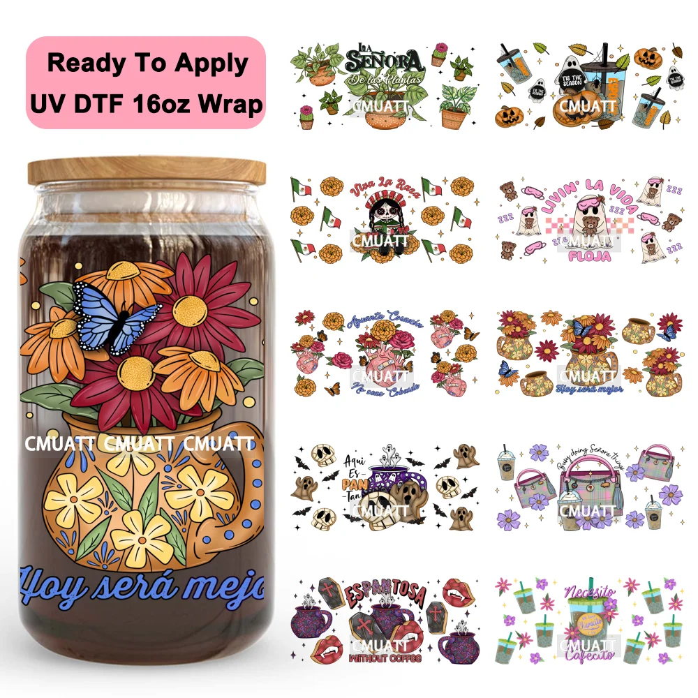 

Latina Spanish Halloween Pan Dulce UV DTF Wraps Transfer Sticker Selfadhesive Waterproof High Quality For 16OZ Libbey Glass Can