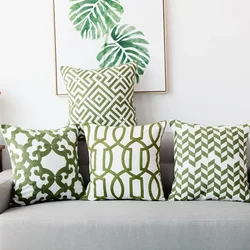 Home Decor Emboridered Cushion Cover Green Geometric Canvas Cotton Suqare Embroidery Pillow Cover 45x45cm