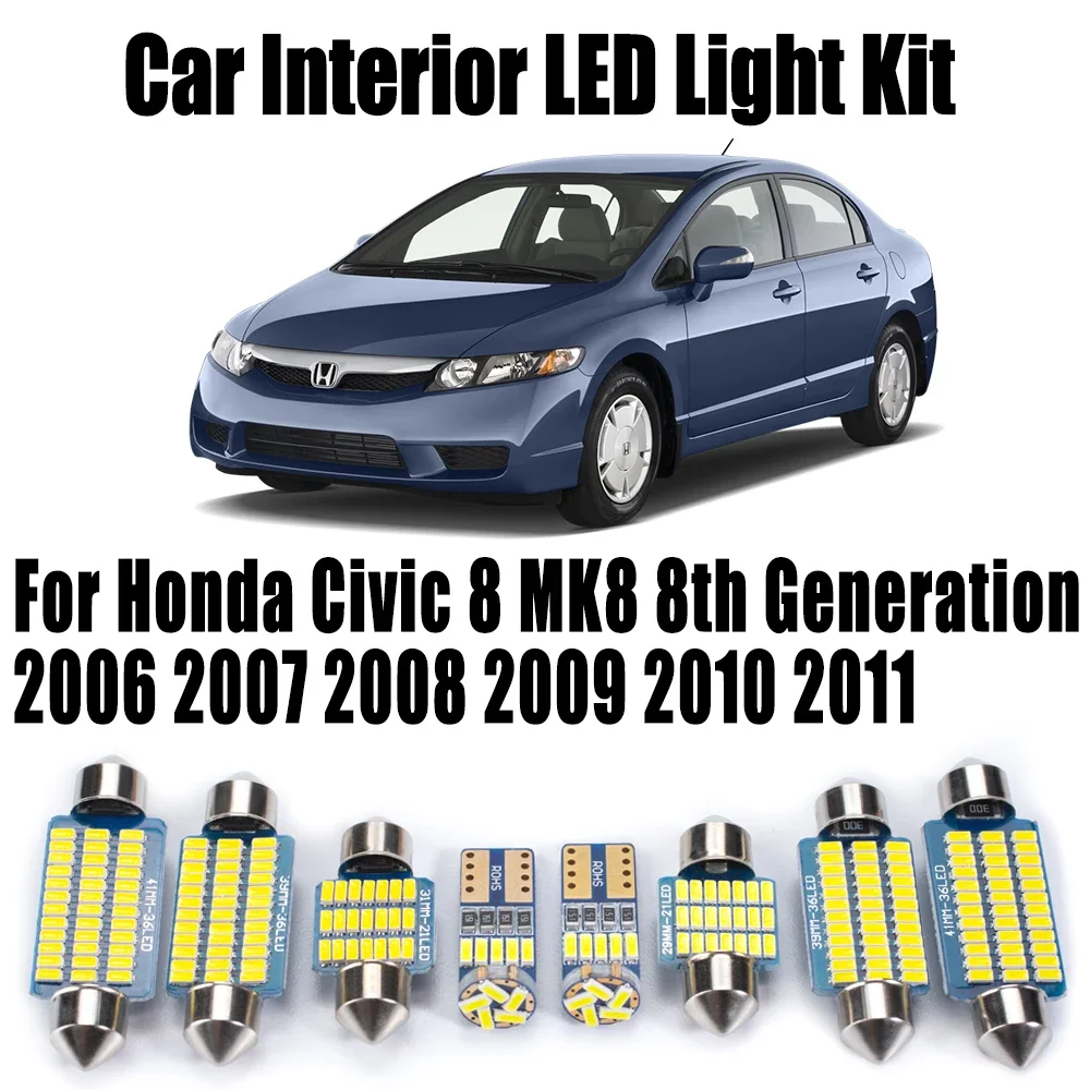 9Pcs LED Bulbs Interior Map Dome Trunk Light Kit For Honda Civic 8 MK8 8th Generation 2006 2007 2008 2009 2010 2011 Car Lighting