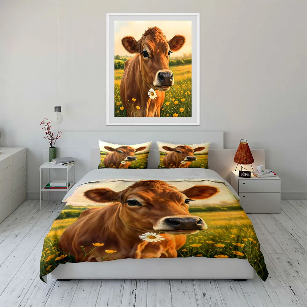 Cow with daisy in flower field Print Soft Comfortable Duvet Cover Bedding Set Included 1*Duvet Cover  2*Pillowcases Luxury Gif
