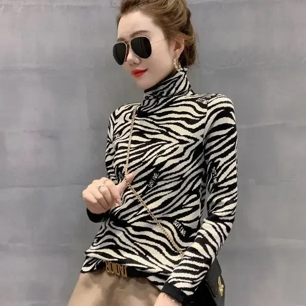 Woman Sweaters Autumn Winter Long-Sleeved Women's Zebra Print Turtleneck T-shirt Top