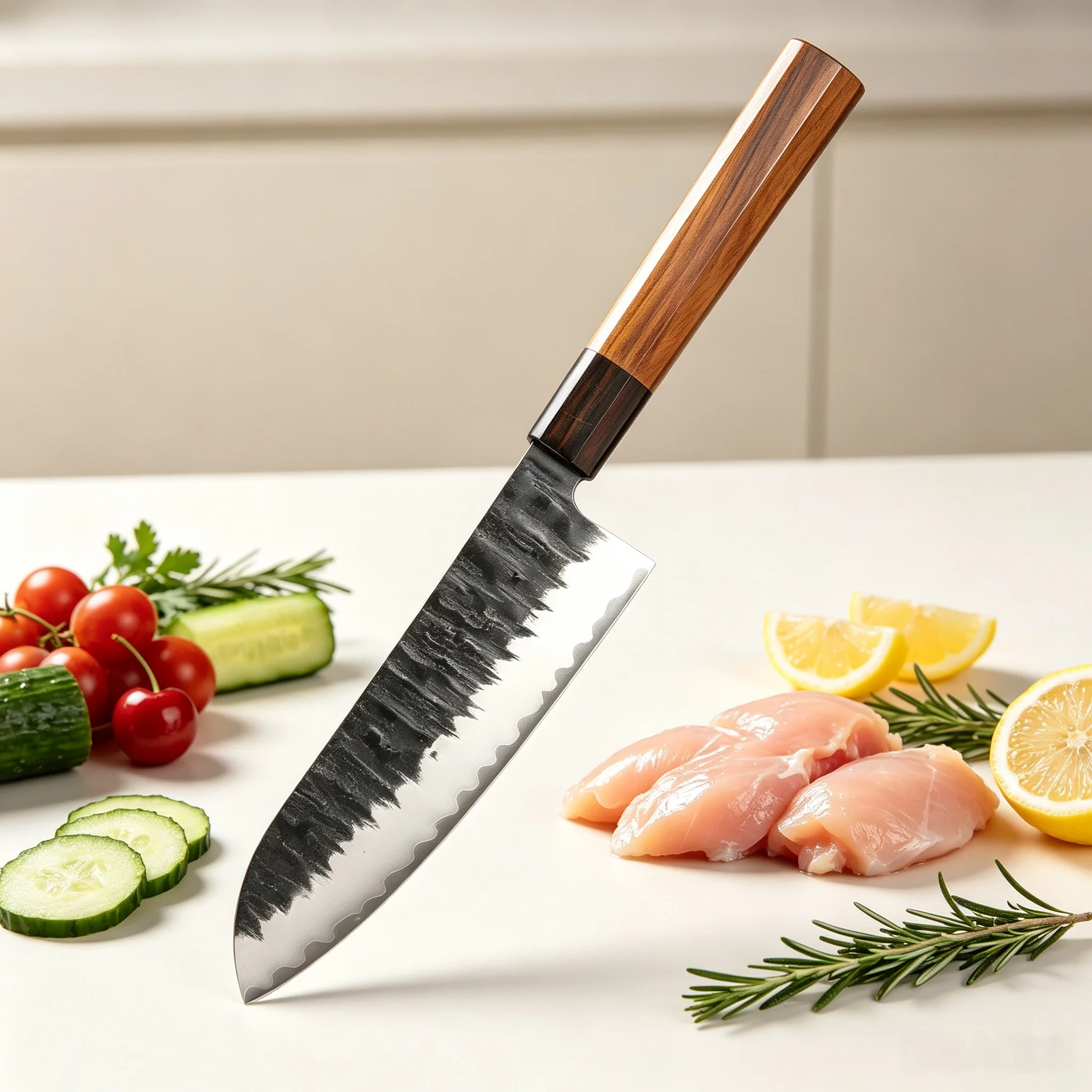 Hammer Forged Santoku Cooking Cutlery, Multi-purpose Food Prep Utensil for Family Cooking, Suitable for Meat, Vegetables, Fruits