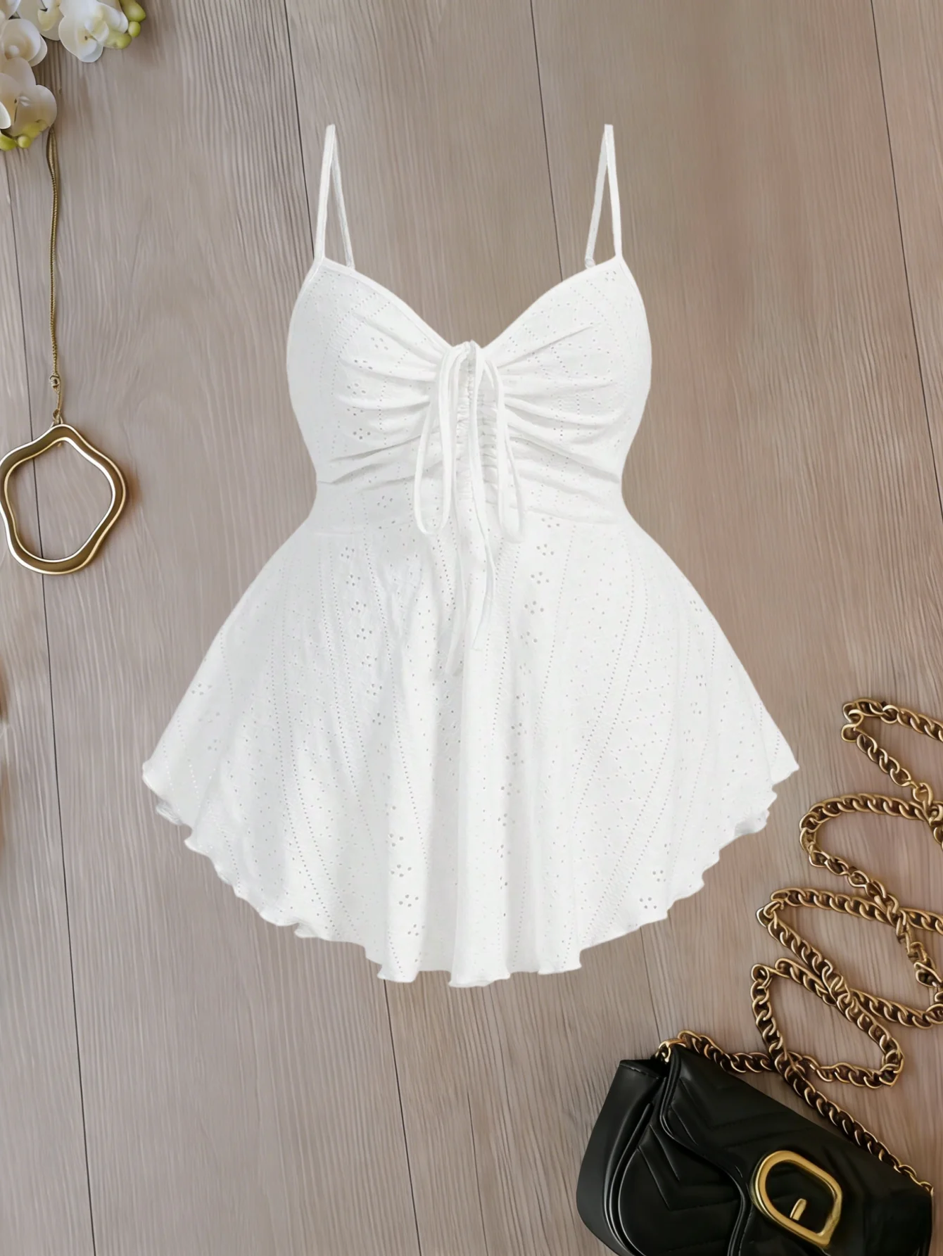 

Plus Size Women White Eyelet Embroidery Drawstring Cami Dress Casual V-Neck Ruched Waist Flare Hem Mini Dress For Daily Wear Bea