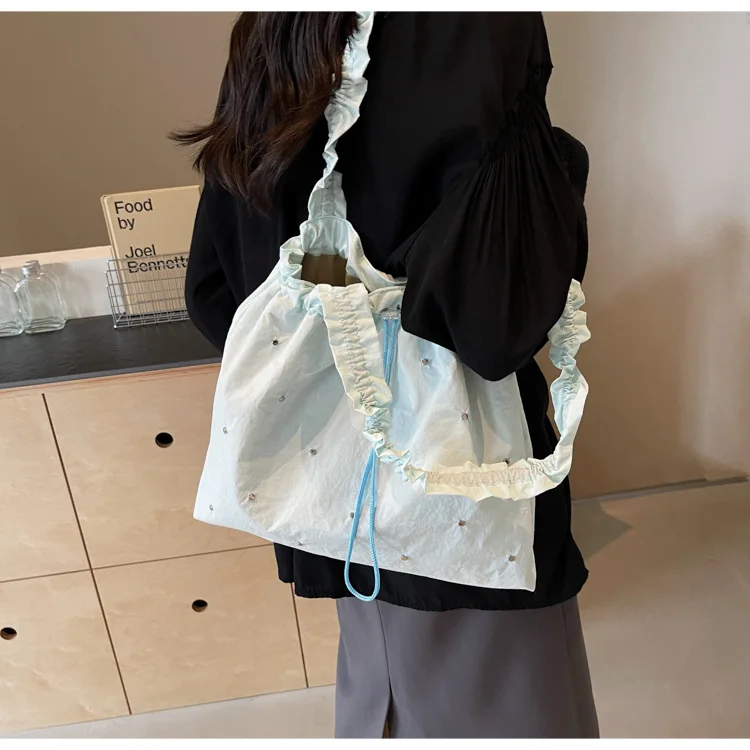 Women\'s Summer Canvas Bag Korean Pleated Tote Bag White Shoulder Bag Strandtasche Handtasche Damen Torebka Na Ramię Girls Gift