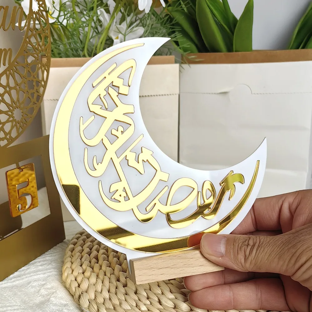 New Moon Castle Acrylic Table Ornament Wooden Base Mirror Face Eid Mubarak Figurine DIY Ramadan Ornaments Festival Supplies