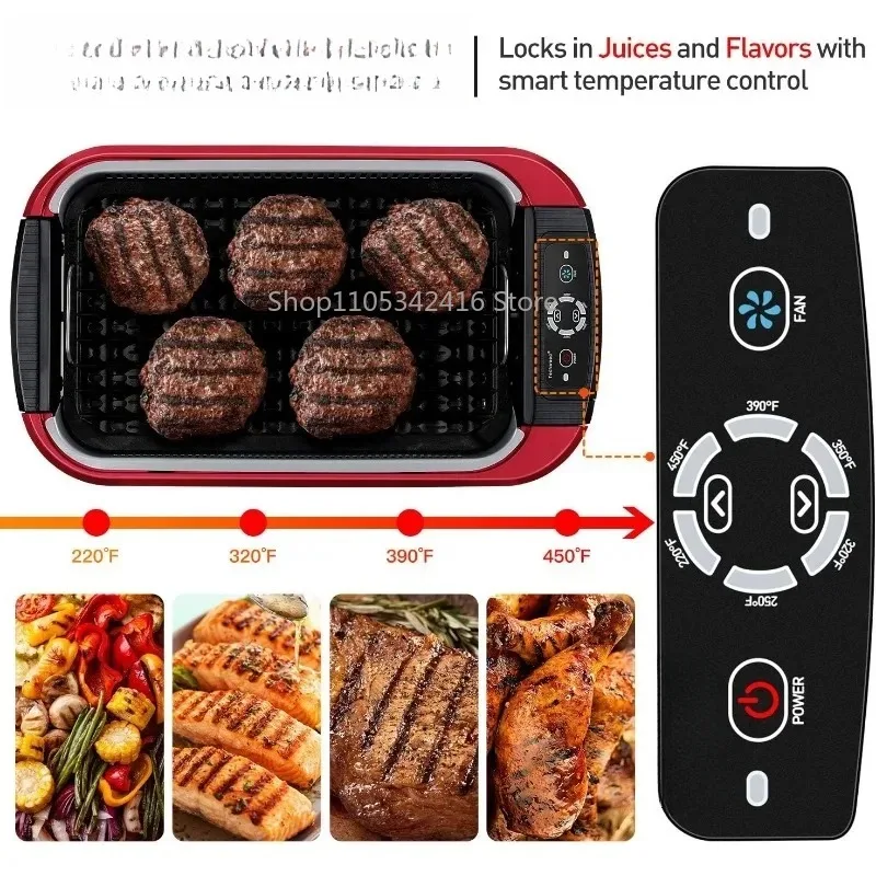 1500W Indoor Smokeless Electric BBQ Grill Non-Stick Cooking Plates Adjustable Temperature Removable Drip Tray