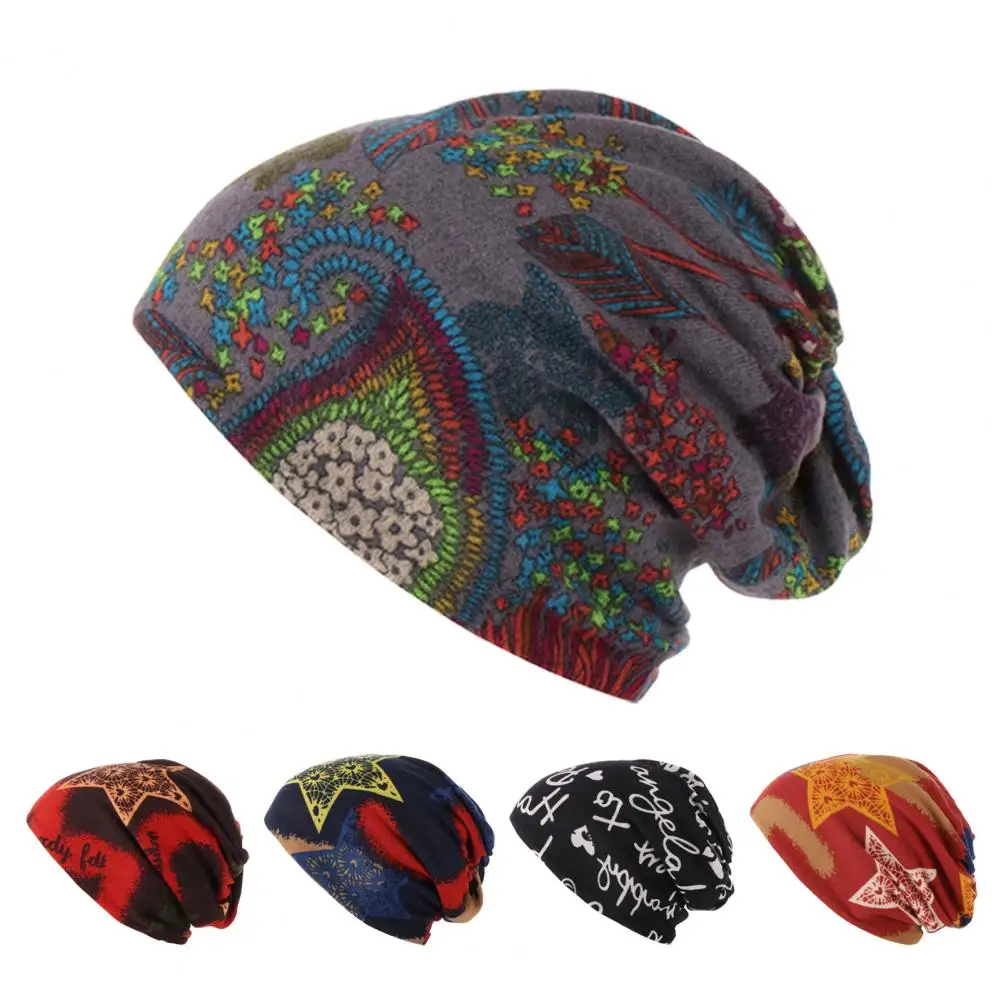 Winter Women Hat Fashion Print Stretchy Multipurpose Fine Stitching Windproof Brimless Scarf Cap Sun Hat for Outdoor