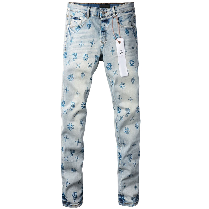 Lichtblauw Full Pattern Print Paars Jeans Hoge Kwaliteit Stretch Slanke Potloodbroek Amerikaanse Stijl Trendmerken Jeans