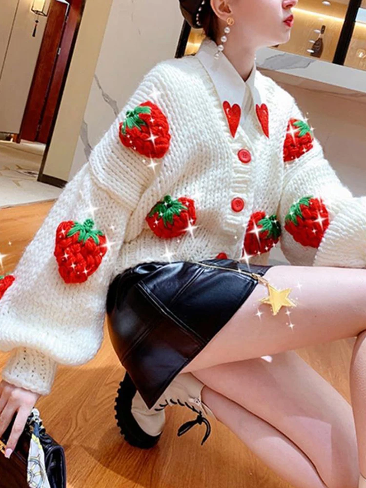 ZOKI Cute Strawberry Women Cardigan Sweater Winter Loose Fashion V Neck Hand 3D Knitting Ladies Jumper Casual Female Coats New