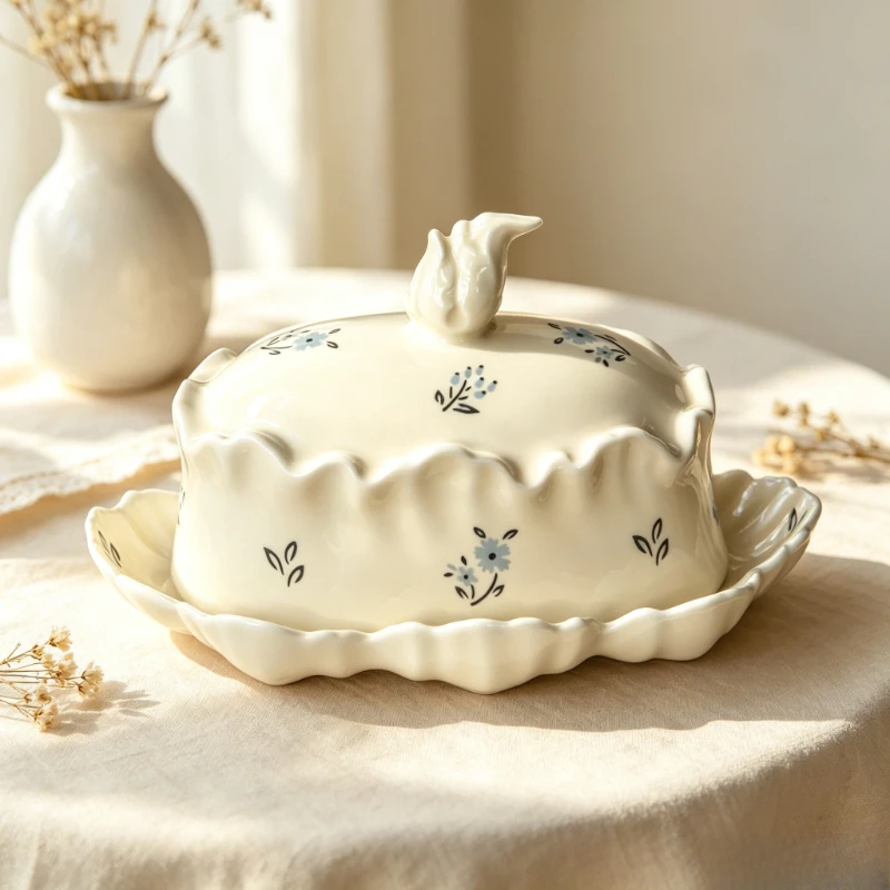 Floral Ceramic Butter Dish with Lid Rectangular Covered Cheese Tray Vintage Dessert Fruit Snack Serving Plate for Kitchen Table